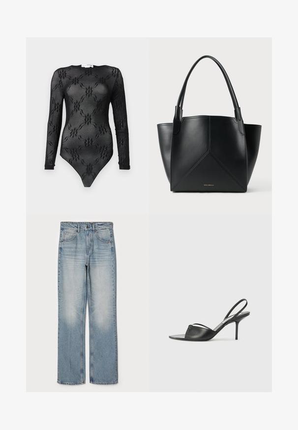 Melnas garas piedurknes bodijs, izgatavots no caurspīdīga auduma, ar ziedu mežģīņu rakstu, ar ovālu dekoltē un tanga griezumu apakšā.; Gai zili džinsi ar taisnu piegriezumu, kas iezīmē augsto vidukli, piecu kabatu dizainu un maigu izbalēšanu uz augšstilbiem un ceļgaliem.; Melnas ādas siksniņu augstpapēžu kurpes ar norādītu purngalu, plānu potītes siksniņu un stiletto papēdi. Arī ar sasietu detaļu uz vamp.; Melnas ādas plecu soma ar ģeometrisku dizainu, kas aprīkota ar divām rokturiem un zeltainu zīmolu priekšpusē. Gluda tekstūra un strukturēta forma.