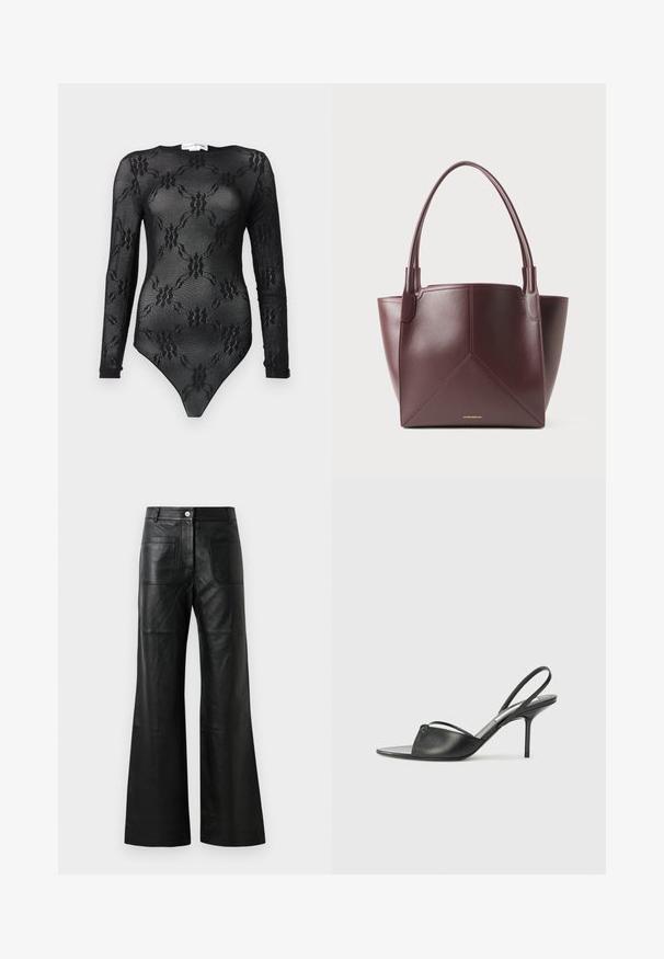 Fekete, hosszú ujjú bodysuit, áttetsző anyagból készült, virágos csipke mintával, kerek nyakkivágással és alsó tanga vágással.; Fekete bőr széles lábú nadrág elülső zsebekkel és gombos záródással. Az anyaga sima, enyhe fényű, és jól látható varrási részletekkel rendelkezik.; Fekete bőr, hátsó pántos, hegyes orrú magassarkú cipők vékony bokapánttal és stiletto sarkukkal. Az orrban csomózott részlet található.; Sötétbarna bőr tote táska, két füllel és geometrikus panel varrással, az alján, középen elhelyezett, kis arany logóval.