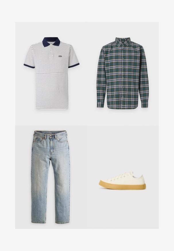 Hvit polo skjorte med marineblå striper, med marineblå krage og marineblå mansjetter, to knapper ved halsen, og en liten marineblå logo på brystet.; Grønn flanellskjorte med rutete mønster som har blå, hvite og sennepsgule linjer. Knapper foran og spiss krage. Lange ermer.; Lys blå denim jeans med høy midje, frontknapp, glidelås og fem-lommers design, lagt flatt på en nøytral bakgrunn.; Canvas sneakers i off-white med rund tå, med beige gummisåler og fem hull for lisser, strukturert finish på overdelen.