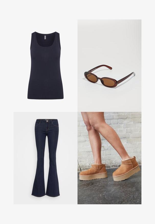 Mornarsko modra majica brez rokavov z zaobljenim izrezom in širokimi naramnicami, izdelana iz gladkega, raztegljivega materiala. Preprost dizajn brez vzorcev ali dodatkov.; Temno denim flare hlače z oprijetim pasom, ki vključujejo sprednji gumb, pet žepov in detajle na šivih ob hlačnicah.; Rjavi semiš škornji do gležnjev s puhastim podlogo, debelim bež platformnim podplatom in zanko na zadnji strani. Teksturirana površina z vidnimi šivi.; Okrogle, rjavo obarvane sončne naočare z sijočim burgundskim okvirjem. Tanek nosilec s subtilnim logotipom. Oblika leč je ravna.