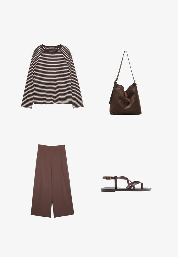 Long-sleeve shirt with black and white horizontal stripes and a round neckline, laid flat on a white background.; Brown wide-leg trousers with a smooth texture, featuring a high waist and front pleats. The fabric is lightweight and flows loosely.; Brown leather sandal featuring crisscross straps, an ankle buckle closure, and a flat sole with minimal stitching details.; Brown suede hobo bag with a curved top, a long strap with dot accents, and a soft texture. Features slouchy design for casual use.