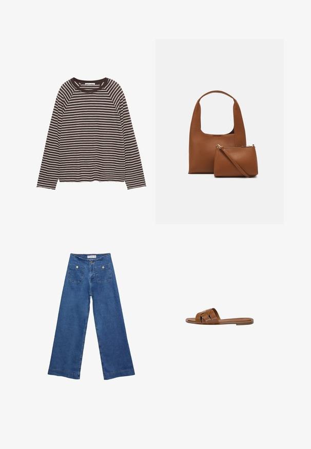 Langærmet skjorte med sort-hvide vandrette striber og rund halsudskæring, lagt fladt på en hvid baggrund.; Denim brede ben jeans med en mellemblå vask, to forlommer med knaplukninger og syet detaljering langs sømmene.; Brun læder slide sandal med krydsede stropper, flad sål og en glat overflade. Enkel design uden udsmykninger eller mønstre.; Brun syntetisk håndtaske med et buet håndtag og en glat tekstur. Inkluderer et matchende lille toilettaske med lynlås. Minimalistisk design.