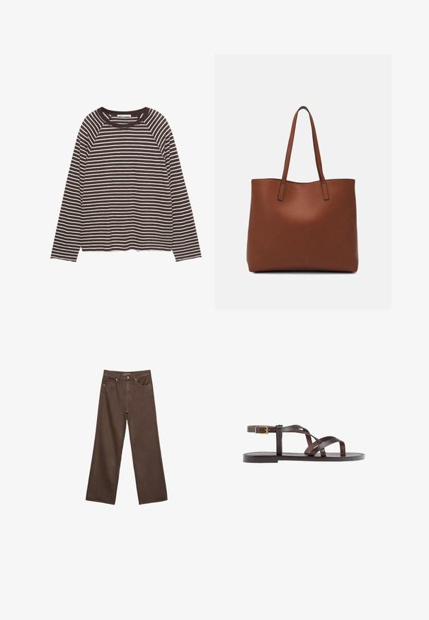 Langarmshirt met zwarte en witte horizontale strepen en een ronde hals, plat neergelegd op een witte achtergrond.; Brede bruine spijkerbroek van denim, met een hoge taille, voorzakken en een klassieke knoopsluiting. Soepele textuur met subtiele stiksels.; Bruine leren sandaal met kruisingen van banden, een enkelgesp-sluiting en een platte zool met minimale stikdetails.; Bruine leren tote bag met een gladde textuur, een ontwerp met een open bovenkant en twee schouderbanden. Kenmerkt zich door minimale stiksels en geen zichtbare hardware.