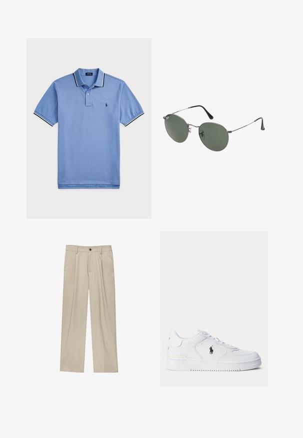 Jasnoniebieska koszulka polo wykonana z bawełny, z zapięciem na dwa guziki, kołnierzykiem w czarno-białe paski oraz haftowanym logo na piersi.; Beżowe spodnie o prostym kroju, z pojedynczym czarnym guzikiem, szlufkami na pasek oraz bocznymi kieszeniami. Gładka faktura materiału i minimalistyczny design.; Białe skórzane sneakersy z teksturowanymi bokami, okrągłym noskiem i perforacjami. Posiadają czarne logo, zapięcie na sznurówki oraz grubą gumową podeszwę.; Okulary przeciwsłoneczne z metalową ramą i owalnymi zielonymi soczewkami. Cienka srebrna metalowa rama i czarne końcówki zauszników. Minimalistyczny design, bez widocznych logo.