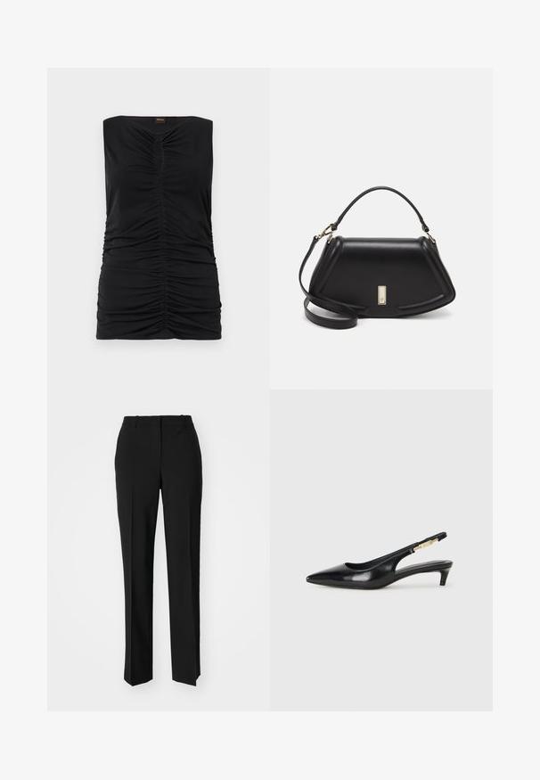 Svart ermeløs topp med sammenkrøpet tekstur, med et nøkkelhullsdesign i utringningen og en tett silhuett. Glatt stoff.; Sorte skreddersydde bukser med rett silhuett, med en glatt tekstur og klare pressede bretter foran. Ingen synlig maskinvare.; Sorte lærreim hæler med spiss tå, som har en slank hæl og en gullfarget detalj på den justerbare stroppen. Glatt tekstur.; Sort lærveske med en strukturert design, som har en avkortet form, topphåndtak og detaljer i gull. Justerbar skulderstropp inkludert.