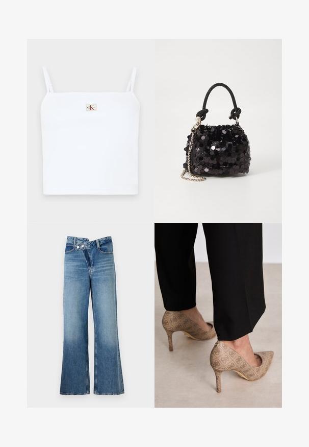 Top corto bianco a coste con sottili spalline, caratterizzato da un piccolo logo quadrato con "CK" rosso sul davanti. Texture liscia.; Jeans a zampa d'elefante in denim blu chiaro con vita alta, dotati di due bottoni e tasche frontali. Il tessuto ha una texture sbiadita con variazioni sottili.; Scarpe con tacco alto beige in tessuto testurizzato con un motivo ripetuto. Design con punta appuntita e dettaglio dorato sul tacco.; Mini borsa a tracolla nera in paillettes con una tracolla texturizzata annodata e catena argentata. Forma rotonda con parte superiore arricciata e dettagli riflettenti.