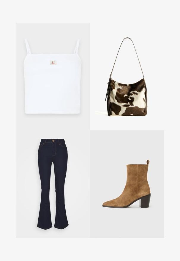 Bílý žebrovaný crop top s tenkými ramínky, na přední straně s malým čtvercovým logem "CK" v červené barvě. Hladká textura.; Marks & Spencer Eva - Džíny Bootcut - blue denim; Hnědé semišové kotníkové boty s špičatou špičkou a masivním černým podpatkem, prezentované na neutrálním pozadí.; Hnědá a krémová kravská kůže ramenní taška s hladkým koženým popruhem, zipovým uzavřením a jemným, texturovaným povrchem s přírodním vzorem.