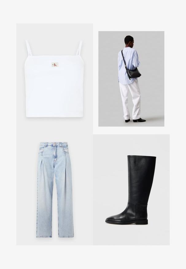Valge ribatud lühike topp õhukeste õlavarre rihmadega, mille esiküljel on väike ruudukujuline sümbol punaste "CK" tähtedega. Sile tekstuur.; Heledad sinise denimist valmistatud teksapüksid kõrge vöökohaga, laia jala lõikega, kahe külje taskuga ja pleedi disainiga. Pehme tekstuur ja pleekinud viimistlus.; Mustadast mustad nahast põlve kõrgus kingad, ümarate varvastega, siledast tekstuurist, minimalistlikus disainis ja lame tallaga. Lihtsad õmbluse detailid varrel.; Must have mustras alasi nahkpatsi, pehme tekstuuriga, kolmnurkse kujuga ja reguleeritava rihmaga, koos helesinise triibulise särgi ja valgete pükstega.