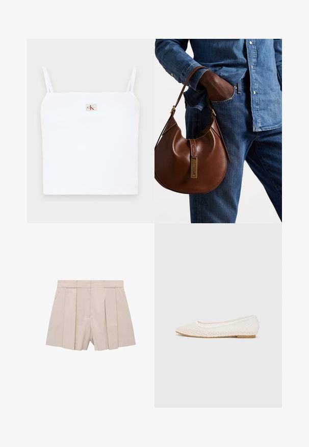 White ribbed crop top with thin shoulder straps, featuring a small square logo with "CK" in red on the front. Smooth texture.; Beige pleated shorts with a tailored design, featuring a high waist and smooth texture. Four front pleats create volume. No pockets.; White flat shoe featuring a mesh design with a pointed toe and a low, flat sole. Textured upper with a smooth lining and subtle contrast trim.; Brown leather hobo bag with a rounded shape, featuring a gold hardware accent and contrast stitching. Paired with a denim shirt and jeans.