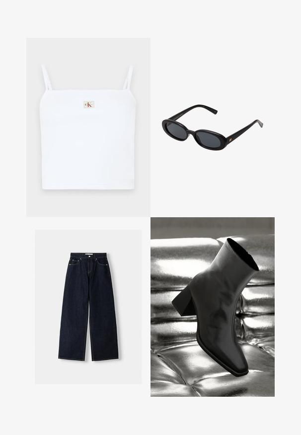 Biely rebrovaný cropped top s tenkými ramienkami, na prednej strane s malým štvorcovým logom "CK" v červenej farbe. Hladká textúra.; Tmavomodré denimové nohavice s širokými nohavicami a vysokým pásom, s piatimi vreckami, kontrastným prešívaním a striebornými kovovými doplnkami. Hladká textúra a čisté prevedenie.; Čierne členkové topánky vyrobené z lesklého materiálu so štvorcovou špičkou a zúženým podpätkom, na lesklom striebornom podklade s vystuženým vzorom.; Čierne oversized slnečné okuliare s oválnymi šošovkami, hladkým plastovým rámom a zlatými akcentmi na straniciach. Tmavé šošovky poskytujú ochranu pred slnkom.; Hnedo-krémová kravská koža cez plece s hladkým koženým remienkom, zipsovým uzáverom a mäkkým, textúrovaným povrchom s prírodným vzorom.