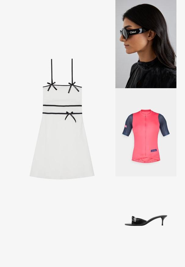 T-shirt med kort ärm för cykling i stark rosa med marinblå nätärmar. Har en framsida med dragkedja och 'LE COL'-logotyp på bröstet och fållen.; Vit ärmlös klänning med svarta ribbade detaljer vid axlarna och midjan. Slät textur, knä-längd, figurformad silhuett, subtilt ribbat mönster.; Svarta läder slip-on mule-skor med en rosettdekoration, öppen tå och en smal hög klack. Slät textur och minimalistisk design.; Svarta solglasögon med runda linser och djärva, vinklade bågar som har varumärket "Chloé" i vitt på sidan. Slät, glänsande yta.; Live Diamond DIAMANT LAB GROWN - Halsband - weiß/gold-coloured