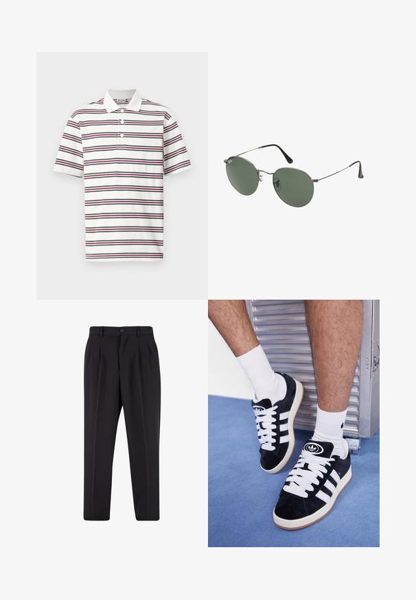 Trumpa rankovėmis polo marškinėliai balti su horizontaliomis juostelėmis tamsiai mėlynos, raudonos ir žalios spalvų. Su klasikiniu apykakle ir trimis mygtukais.; Juodi kelnių su raukšlėtu priekiu dizainu, pagaminti iš lygaus audinio. Su mygtuko užsegimu ir diržo kilpomis; tiesios kojų formos.; Juodos zomšos sportbačiai su baltais raišteliais ir trimis baltais dryžiais. Ant liežuvėlio yra apvalus juodas logotipas, o pado medžiaga – guminė.; Metaliniai akiniai su ovaliais žaliais lęšiais. Plonas sidabro spalvos metalinis rėmas ir juodi ausų laikikliai. Minimalistinis dizainas, be matomų logotipų.