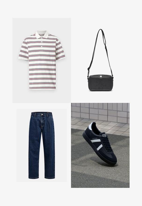 Polo de manga corta en color blanco con rayas horizontales en azul marino, rojo y verde. Cuenta con un collar clásico y una tapeta de tres botones.; Jeans de mezclilla azul oscuro con un diseño de pierna recta. Presentan costura visible, cierre de botón y pliegues frontales para un detalle adicional.; Zapatilla de cuero negra con rayas blancas, suela de goma texturizada y parte frontal con cordones. Cuenta con una etiqueta de marca en la lengüeta.; Bolso cruzado de piel negra con cierre de cremallera, logotipo embossing en el frente y correa ajustable. Textura suave con forma rectangular.