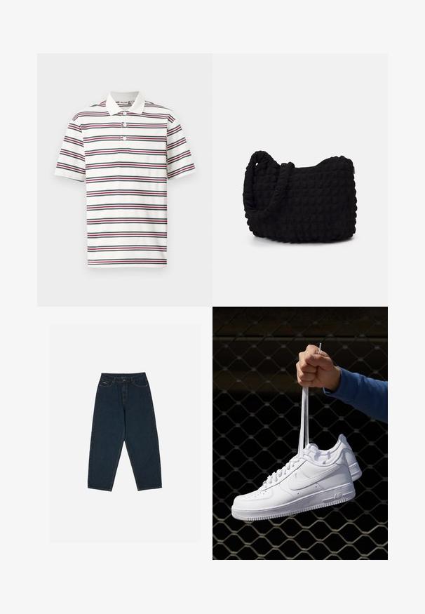 Polo majica kratkih rukava u bijeloj boji s horizontalnim prugama u tamnoplavoj, crvenoj i zelenoj. Ima klasičan ovratnik i placket s tri gumba.; Tamno plave traperice visokog struka s opuštenim krojem, s pet džepova i zatvaranjem na gumb. Izrađene od denima s glatkom teksturom.; Bijele kožne tenisice s perforacijama, okruglim vrhom, ravnim potplatom i debelim vezicama, s vidljivim swoosh logom i natpisom "AIR" na peti.; Crna platnena torba s teksturiranim, kviltanim uzorkom. Okrugli oblik, kratke, debele ručke i meka, fleksibilna struktura.