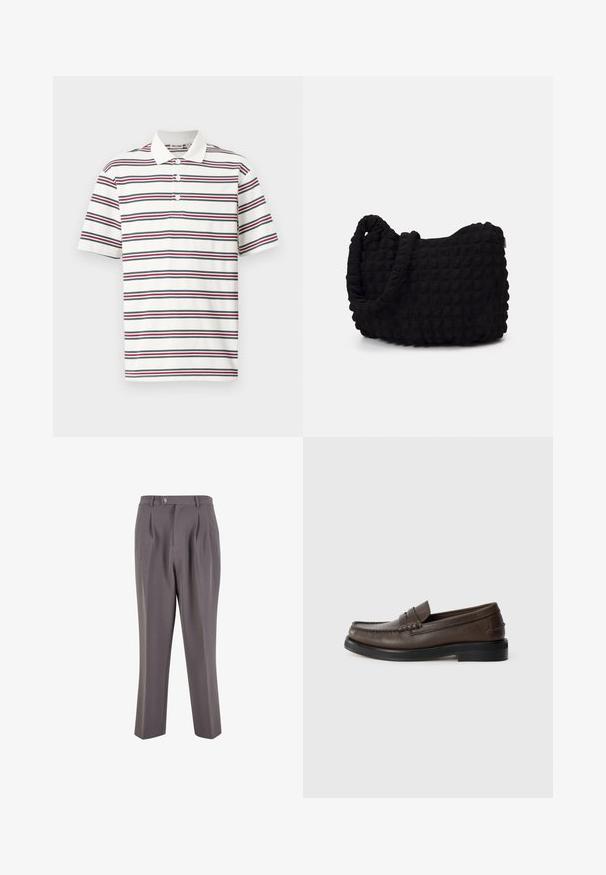 Polo a maniche corte di colore bianco con righe orizzontali di blu navale, rosso e verde. Presenta un colletto classico e una chiusura con tre bottoni.; Pantaloni grigi plissettati realizzati in tessuto morbido, con una vestibilità dritta, chiusura a un bottone e tasche laterali inclinate.; Mocassino in pelle marrone con dettaglio cucito sulla punta, suola piatta e tacco basso impilato. Texture liscia con elementi di design minimalisti.; Borsa in tessuto nero con un motivo trapuntato e texture. Forma arrotondata, manici corti e spessi, e una struttura morbida e flessibile.; Orologio in metallo argentato con quadrante blu spazzolato, indici bianchi e display della data. Dotato di un bracciale metallico a maglie e logo del marchio.