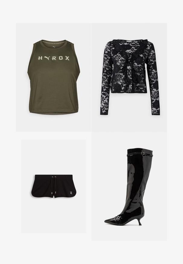 Olive green sleeveless crop top with "HYROX" logo in light color, made of smooth fabric with a round neck and a slightly loose fit.; Black lace cardigan with long sleeves, floral patterns, ruffled collar, open front design, and tie detail at the neckline.; Black shorts made from soft fabric, featuring a drawstring waist, side slits, and a small embroidered logo on the front.; Knee-high black patent leather boot with a pointed toe, small heel, and double buckle accents near the ankle. Smooth, glossy finish.