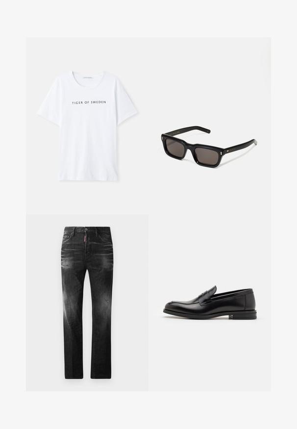 T-shirt branca com gola redonda e mangas curtas. Texto preto com a inscrição "TIGER OF SWEDEN" centralizado na parte frontal. Textura de tecido suave.; Jeans de denim preto com um corte reto. Apresentam áreas desbotadas, ligeira degradação, design clássico de cinco bolsos e um fecho de botão.; Mocassins de couro preto com uma textura suave, bico arredondado e uma faixa decorativa sobre o peito do pé. Salto baixo e empilhado, design minimalista.; Óculos de sol retangulares pretos com lentes escuras, armação de plástico espesso, detalhes em dourado nas hastes e logotipo da marca gravado na lateral.