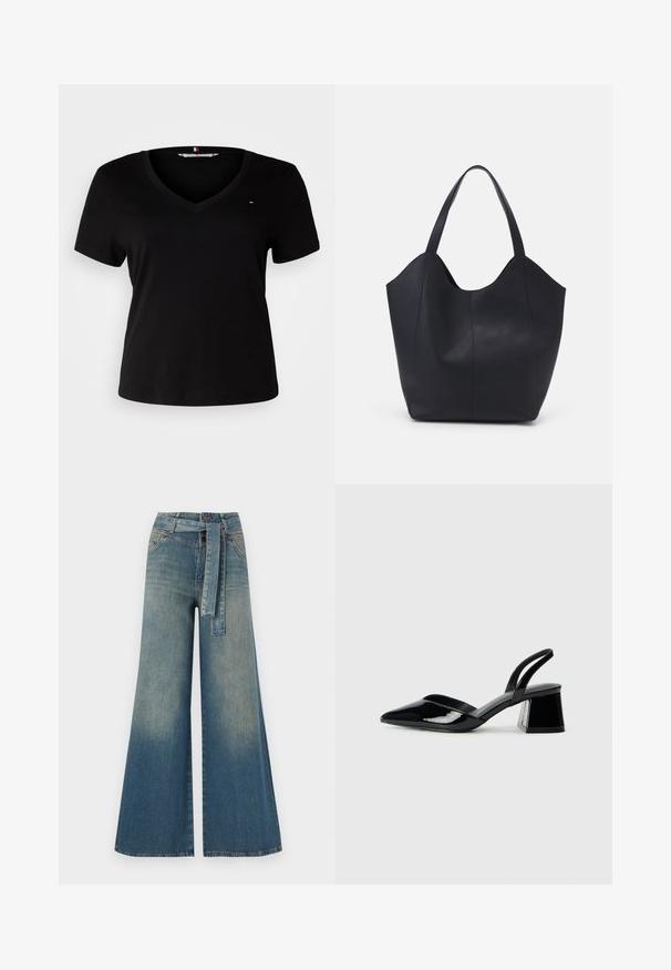 T-shirt noir à manches courtes avec un col en V, fabriqué à partir d'un tissu lisse. Présente un petit logo brodé sur la poitrine.; Pantalons en denim à jambe large présentant un dégradé de bleu clair à bleu foncé, taille haute, passants de ceinture et une ceinture en tissu assortie. Finition en denim texturé.; Escarpins en cuir verni noir avec bout pointu et talon bloc géométrique. Présente un design élégant et minimaliste ainsi qu'une texture lisse.; Sac fourre-tout noir en cuir lisse, doté d'un haut ouvert et courbé avec deux brides d'épaule et un design minimaliste.