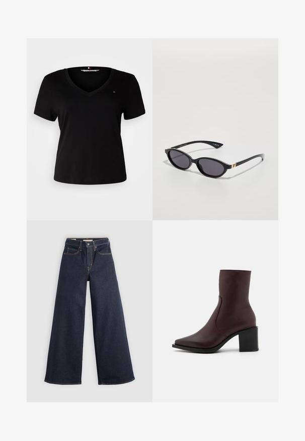 Zwarte t-shirt met korte mouwen en een V-hals, gemaakt van een gladde stof. Heeft een klein geborduurd logo op de borst.; Wijde denim jeans in donkerblauw met contrasterende stiksels. Bevat een traditionele vijf-pocketontwerp en een knoopsluiting in de taille.; Zign LEATHER - Korte laarzen - bordeaux; Zwarte zonnebril met ovale glazen, donkere verloop-tint en slanke pootjes met subtiele gouden accenten. Glad plastic afwerking.; Zwarte lederen handtas met een omgevouwen klep, gouden hardware en een afneembare schouderriem. Gladde textuur en minimalistisch ontwerp.