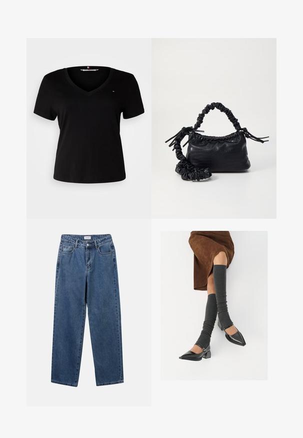 T-shirt nera a maniche corte con scollatura a V, realizzata in un tessuto liscio. Presenta un piccolo logo ricamato sul petto.; Jeans in denim blu classico con design a gamba dritta, cinque tasche e chiusura con bottone. Presentano un lavaggio medio e una trama robusta.; Scarpe nere in pelle verniciata con punta affilata, tacco a blocco e cinturino alla caviglia, abbinate a scaldamuscoli grigi a coste e una gonna in suede marrone.; Borsa a tracolla in ecopelle nera con texture a coccodrillo, apertura cinchata e tracolla arricciata. Si presenta con un design morbido e compatto.