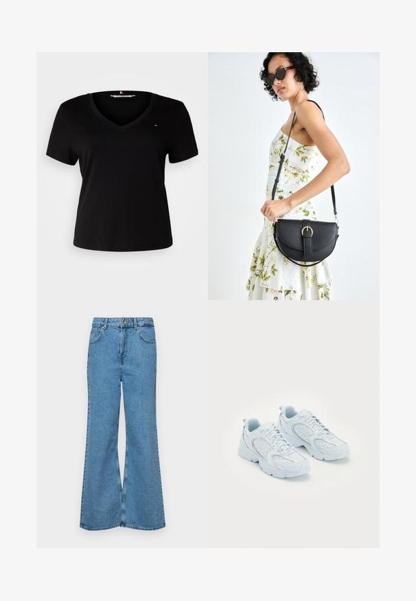 Black short-sleeve t-shirt with a v-neckline, made from a smooth fabric. Features a small embroidered logo on the chest.; Light blue flared jeans made of denim, featuring a high waist, five pockets, and a single button closure. Soft texture with faded finish.; Light blue athletic shoes with a mesh and synthetic upper, featuring white polka dots and reflective accents, lace-up design, and cushioned soles.; Black leather handbag with a curved shape, detachable strap, and gold hardware. The bag features a flap with a buckle detail.