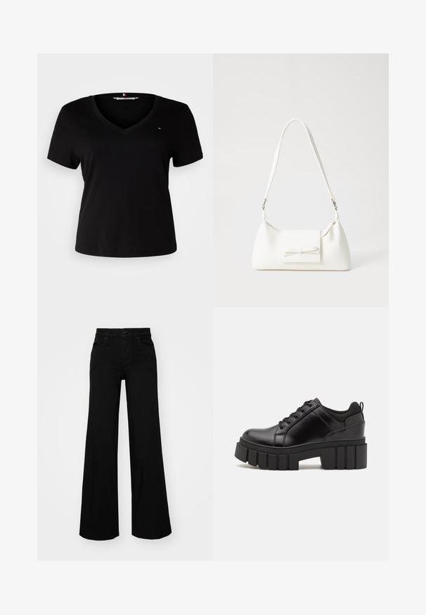 Juoda trumpų rankovių marškinėliai su v-kaklu, pagaminti iš lygaus audinio. Ant krūtinės yra mažas siuvinėtas logotipas.; Juodos plačios kelnės iš denimo, turinčios struktūruotą juosmenį, diržo kilpas ir priekines kišenes. Lygus paviršius su klasikinio dizaino elementais.; Juodi odiniai platformos batai su masyviu blokuota kulniuku, apvalia nosimi ir tradiciniu šnypštimo dizainu. Turintys glotnų paviršių ir minimalų dekoravimą.; Balta sintetinė rankinė trikampio formos, plokščiu priekiu su užsegimu, kaspino detale, reguliuojama dirželiu, lygia tekstūra ir minimalistišku dizainu.