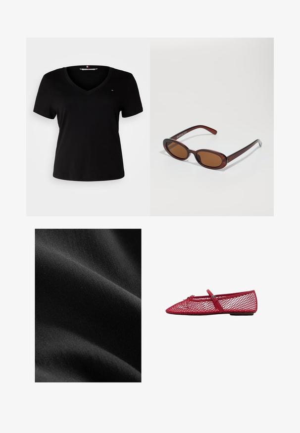 Black short-sleeve t-shirt with a v-neckline, made from a smooth fabric. Features a small embroidered logo on the chest.; Black fabric with a smooth, matte texture, showing subtle variations in shade and fiber, draped to reveal soft curves and depth.; Red mesh ballet flats with a pointed toe, featuring a thin strap and buckle detail. The upper has an open, honeycomb pattern.; Round, brown-tinted sunglasses with a glossy burgundy frame. Slim arms with subtle branding detail. Flat lens design.; Burgundy shoulder bag made of glossy material, featuring a curved shape and gathered texture. A short handle and visible zipper closure are present.