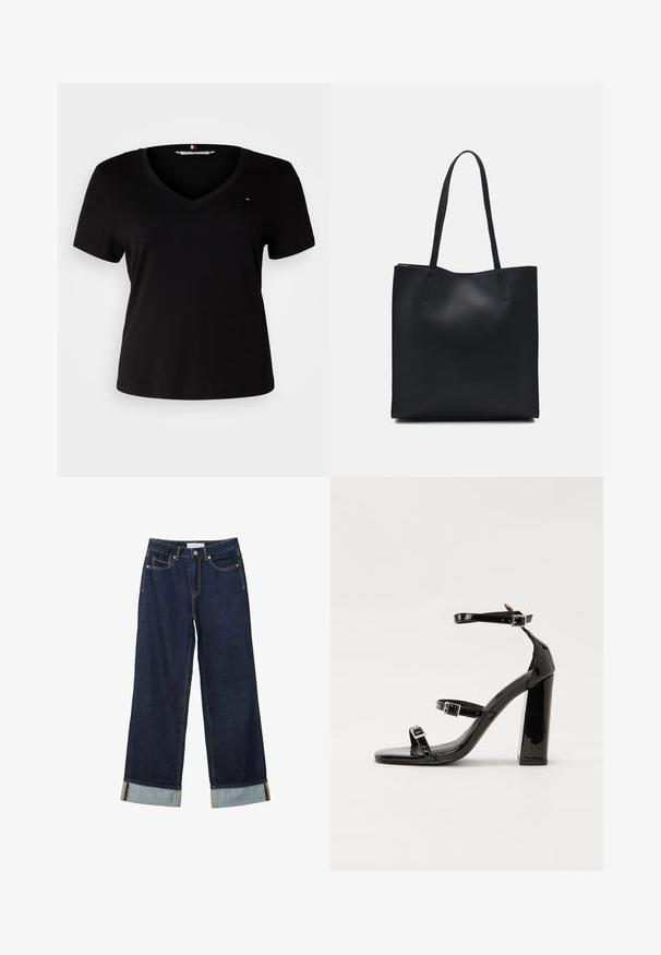 T-shirt nera a maniche corte con scollatura a V, realizzata in un tessuto liscio. Presenta un piccolo logo ricamato sul petto.; Jeans ampi di colore blu scuro con vita alta, dotati di risvolti, cuciture a contrasto e design a cinque tasche. Realizzati in tessuto denim.; Sandali con tacco in vernice nera, con punta squadrata, cinturini alla caviglia e fibbie in argento. Presentano un tacco a blocco spesso per maggiore stabilità.; Borsa tote in pelle nera con texture liscia, forma rettangolare e due manici lunghi. Nessun hardware o decorazione visibile.