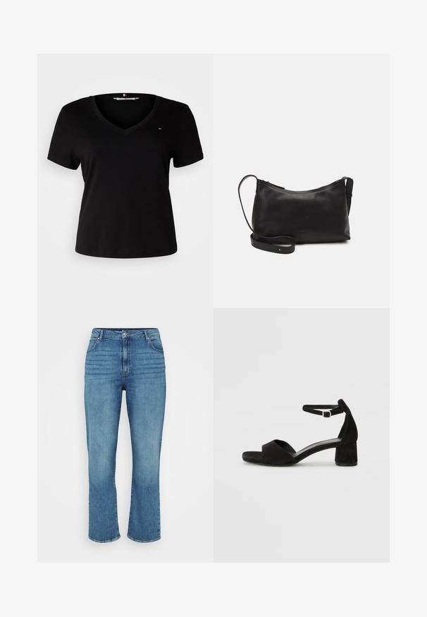 Black short-sleeve t-shirt with a v-neckline, made from a smooth fabric. Features a small embroidered logo on the chest.; Light blue denim jeans with a straight leg design, featuring five pockets, belt loops, and subtle fading on the front.; Black suede heeled sandals with a thin ankle strap, open toe design, and a modest block heel. Smooth texture and minimal accents.; Black leather shoulder bag with a smooth texture, curved shape, adjustable strap, and a zip closure. Minimalist design without embellishments.; Silver double-band ring with a smooth, polished surface. Features a fluid, curved design with overlapping sections for a modern look.