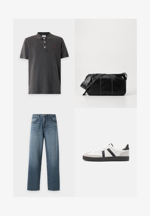 Mørkegrå polo t-shirt lavet af bomuld, med en tre-knaps knaplukning, korte ærmer og et lille rødt logo på brystet.; Lige ben blå denim jeans med en falmet vask, der har fem lommers design, metallisk knap og bæltestropper. Struktureret, medium vægt stof.; Hvide sneakers med sorte og grå detaljer, med en tekstureret grå tåhætte, sort gummisål og flade hvide snørebånd. Rent design, minimalistisk stil.; Sort læder skuldertaske med lynlås, der har en tekstureret overflade, hvid syning og en rem med sølvøskner.