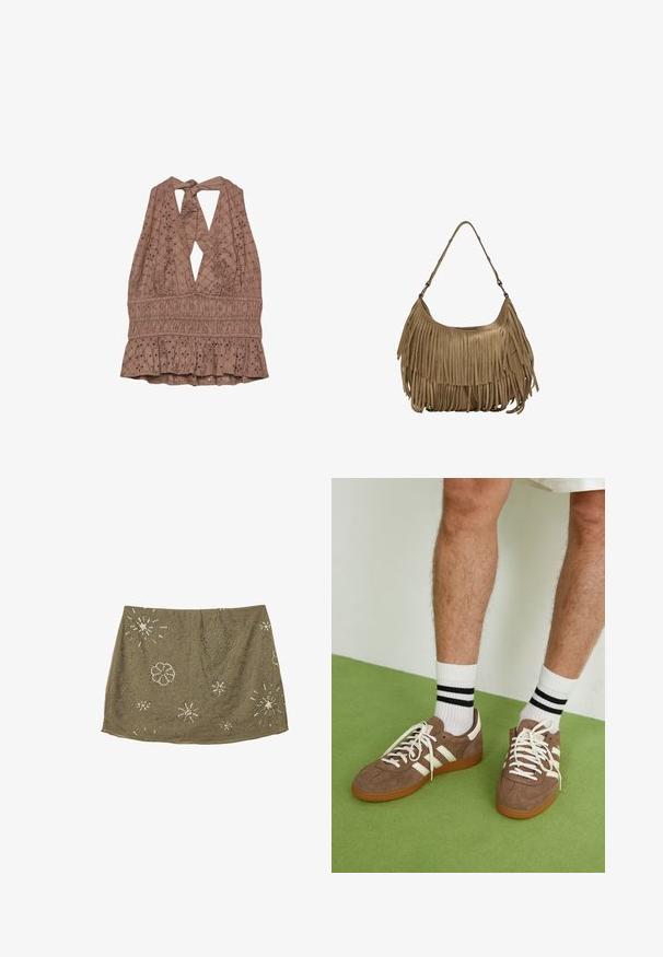 Rjav top s halter-stilom in vezavo na hrbtu, ki ima detajle iz broderie anglaise in nabran peplum rob. Teksturna tkanina z diamantskimi vzorci.; Olivno zelena krila s prilegajočim pasom, ki vsebuje srebrne perle v cvetličnih in zvezdnih vzorcih, kar ustvarja teksturirano površinsko zasnovo.; Rjavi semiš športni čevlji z belimi detajli in vezalkami. Gumijast podplat. Nošeni z belimi nogavicami z črnimi črtami. Zelena teksturirana talna obloga.; Rjava zamskasta torbica z dolgimi resicami, ukrivljenim oblikovanjem in enim naramnim trakom. Ima gladko, teksturirano površino.