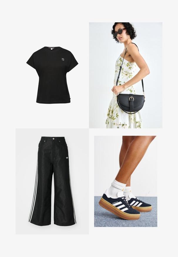Schwarzes Baumwoll-T-Shirt mit entspanntem Schnitt, kurzen Ärmeln, Rundhalsausschnitt und einem kleinen weißen gestickten Logo auf der Brust. Gerader Saum.; Schwarze, weit geschnittene Jeans mit drei weißen Streifen an jeder Seite und einem kleinen weißen Logo. Mit vorderen Taschen und einem Knopfverschluss.; Schwarze Wildledersneaker mit weißen Streifen und Akzenten, rundlicher Zehenbereich, Sohlen aus braunem Gummi, kombiniert mit weißen, gerippten Sneakersocken.; Schwarze Lederhandtasche mit geschwungener Form, abnehmbarem Tragegurt und goldenen Beschlägen. Die Tasche verfügt über einen Deckel mit einer Schnallen-Details.