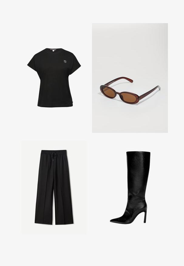 Czarny bawełniany t-shirt o luźnym kroju, z krótkimi rękawami, okrągłym dekoltem i małym, białym haftowanym logo na piersi. Proste wykończenie dołu.; Czarne spodnie szerokie w nogawkach, wykonane z miękkiego materiału. Posiadają elastyczny pas z możliwością regulacji oraz dwie boczne kieszenie. Gładki przód z zakładkami.; Czarna skórzana kozaczka za kolano z ostrym noskiem, wysokim obcasem typu stiletto, gładkim wykończeniem i prostym, eleganckim designem bez ozdób.; Okrągłe, brązowe okulary przeciwsłoneczne z błyszczącą bordową oprawą. Cienkie ramiona z subtelnym detalem marki. Płaski kształt soczewek.; Czarna skórzana torebka o usztywnionym kształcie, z uchwytami u góry, gładką teksturą, złotymi elementami oraz przednim zapięciem. Na podstawie znajduje się logo marki.