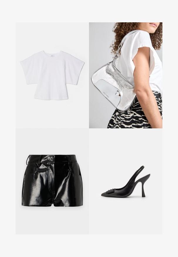 Agolde BRITT TEE - Basic T-shirt - white; Black, glossy shorts made of synthetic material. Features a fitted waist, belt loops, and front pockets with prominent stitching details.; Black leather slingback shoe with a pointed toe, slim high heel, and a decorative bow accent. Smooth texture and sleek design.; Silver metallic shoulder bag with a smooth texture, curved design, chain strap, and a polished front panel featuring a subtle logo engraving.