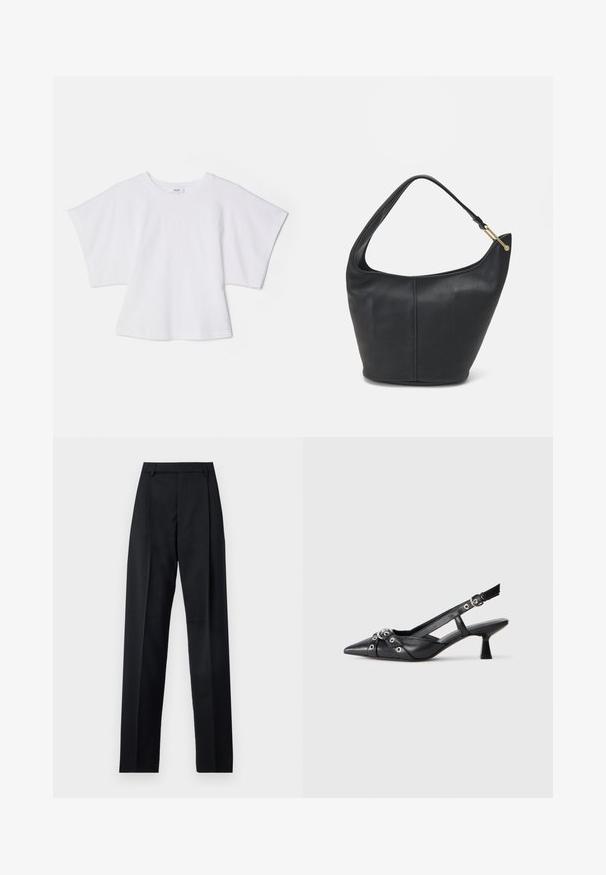 Agolde BRITT TEE - Jednoduché tričko - white; Černé kalhoty vyrobené z hladké tkaniny, vybavené vysokým pasem, širokými nohavicemi, předními záhyby a klasickými poutky na opasek. Nejsou viditelné boční kapsy.; Černé kožené slingback boty s špičatou špičkou, dekorativními pásky s kovovými očky a nízkým blokovým podpatkem. Texturovaný povrch.; Černá kožená kabelka zaobleného tvaru, s širokým popruhem a texturovaným povrchem. Obsahuje jemné švy a akcenty ve zlatém tónu.