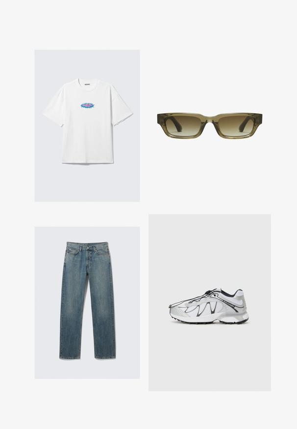 Camiseta blanca de algodón con un corte oversized, que presenta un diseño gráfico colorido en rosa y azul en la parte delantera. Cuello redondo, mangas cortas.; Jeans de mezclilla azul de pierna recta con bolsillos delanteros y de moneda, pasadores para cinturón y cierre de botón metálico sobre un fondo liso.; Zapatillas deportivas blancas con parte superior de malla, detalles en negro, suela de goma texturizada y sistema de cordones elásticos. Ligeras y con un diseño moderno.; Gafas de sol con degradado marrón, de forma rectangular, con montura gruesa y robusta, y varillas negras. El material transparente marrón añade dimensión.