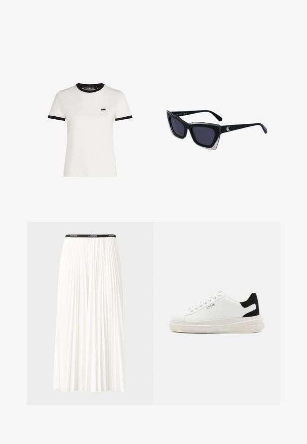 Valge puuvillane T-särk musta ribidega kaela- ja varrukaäärega. Sellel on vasakul rinnaosal väike tikitud koomiksitegelase näo disain.; Kurtitudega valge seelik musta elastse vööga, millel on "LACOSTE" logo. Keskmise pikkusega disain pehme tekstuuriga.; Valged nahast tennisetossud paksu valge tallaga, musta sametist kontsakeeuga ja külje peal riigilogo reljeefne kujundus. Lukkeskeem kuue silmaauguga.; Mustad suured mustad prillid geomeetrilise kujuga, tumedate läätsedega ja kontrastse halli detailiga raamidel. Logo käe peal.