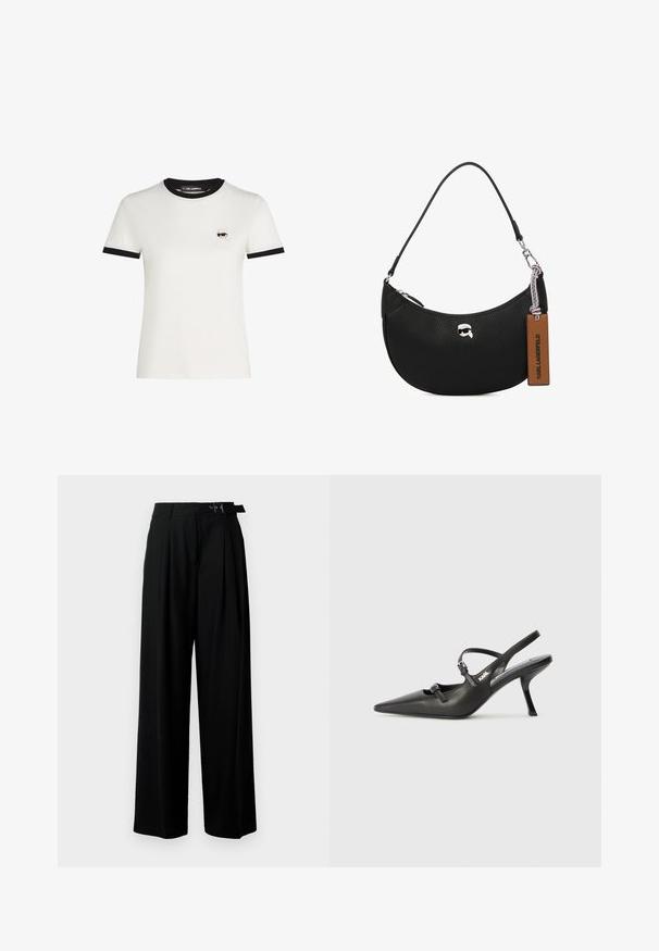 Fehér pamut póló fekete bordázott nyakkivágással és ujjak végén. A bal mellen egy kis hímzett rajzfilmszerű arc design található.; Fekete, bő szárú nadrág magas derékkal, elöl pliszírozva, és csattal ellátott övvel. Simább, könnyű anyagból készült.; Fekete bőrszíjjal ellátott magassarkú cipő, hegyes orral, karcsú sarkával és díszes csattal a vamp részén. Simás textúra és elegáns dizájn.; Fekete bőrtáska, melynek felülete szemcsés, ívelt formájú, felül zippzárral záródik, ezüst színű fémrészletekkel és barna cimkével rendelkezik. Jellemzője a logós díszítés.
