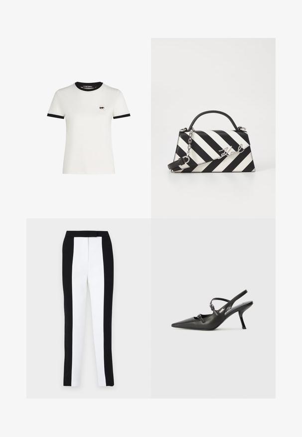 Biała bawełniana koszulka z czarnym ribbowanym dekoltem i rękawami. Posiada mały haft z cartoonowym uśmiechem na lewej piersi.; Czarno-białe spodnie zwężane z dopasowanym krojem oraz kontrastowymi panelami. Tkanina ma gładką fakturę; pas jest płaski i dopasowany.; Czarne skórzane sandały na obcasie typu slingback z wydłużonym noskiem, smukłym obcasem i ozdobnym zapięciem na cholewce. Gładka tekstura i elegancka forma.; Czarna i biała torebka w paski o strukturalnym kształcie, z górnym uchwytem, odpinanym łańcuszkiem oraz metalicznym akcentem z logo.