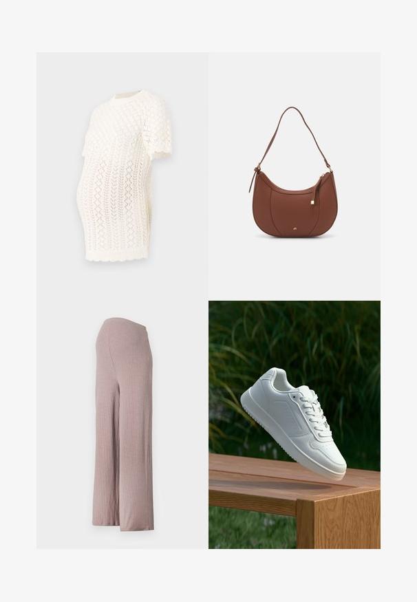 Blusa de maternidade de malha branca com mangas curtas, gola canelada e padrões geométricos em trabalho aberto para respirabilidade e conforto.; Calças largas de riscas em rosa claro, com uma cintura sem costura, apresentando um tecido suave e texturizado e uma silhueta descontraída.; Sapatilha branca com um cabedal sintético liso, caixa dos dedos perfurada, atacadores planos e uma sola texturizada, exposta sobre uma superfície de madeira.; Mala de ombro em pele sintética castanha com forma curva, costura minimalista e detalhe em metal dourado. Apresenta fecho de zíper no topo e alça ajustável.