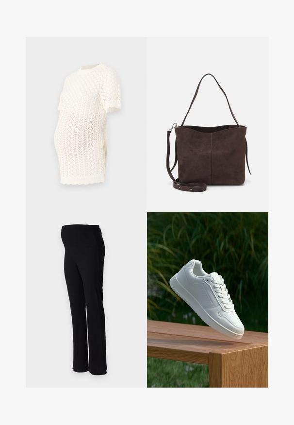 Strikket hvit graviditetstopp med korte ermer, ribbet krage og geometriske hullmønstre for pusteevne og komfort.; ONLY MATERNITY OLMHALLE - Bukse - black; Hvite sneakers med en glatt syntetisk overdel, perforert tåboks, flate snørebånd og en teksturert såle, vist på en treflate.; Brun semsket stoff tote-veske med en myk tekstur, som har en enkelt skulderrem og en subtil buet toppåpning. Ingen synlige maskindetaljer.