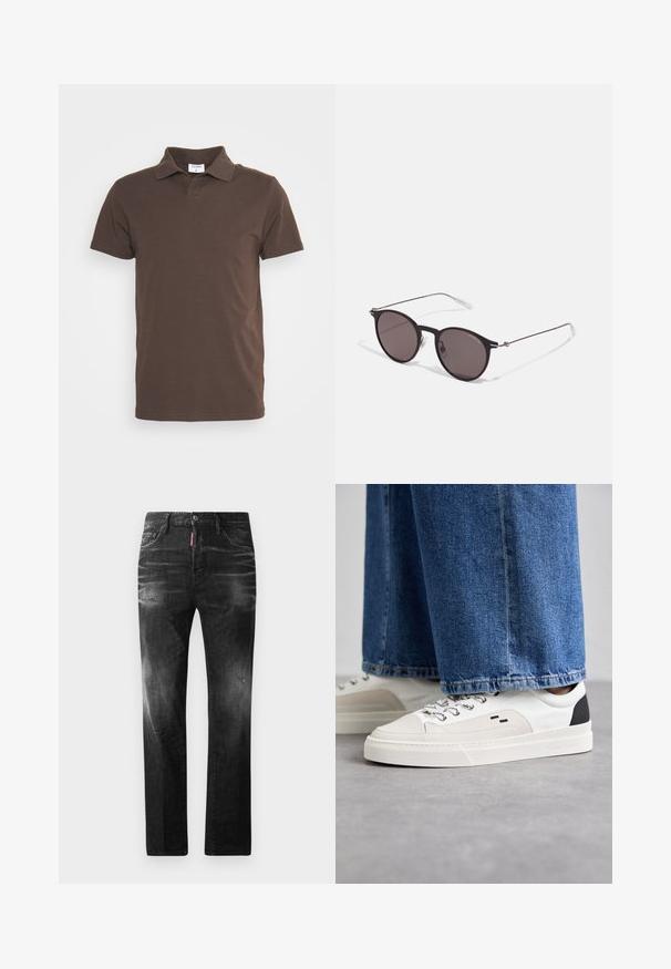 Filippa K Poloshirts - dark choco; Sorte denim jeans med lige pasform. Har falmede områder, mindre slid, klassisk fem-lommer design og knaplukning.; Hvide og sorte sneakers med en glat læderoverdel, teksturerede detaljer og en kraftig hvid sål. Har et klassisk snørebåndsdesign.; Sorte runde solbriller med mørke linser og slanke metalarme. Inkluderer klare tempeltips og sølvdetaljer ved hængslet. Minimalistisk design.