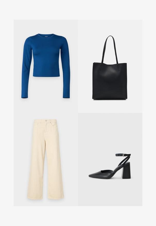 Μακρυμάνικο μπλουζάκι με στρογγυλή λαιμόκοψη σε μονόχρωμο βασιλικό μπλε ύφασμα, με εφαρμοστή γραμμή και гладка υφή με ελάχιστες ραφές.; Μπεζ τζιν με φαρδιά ποδαράκια φτιαγμένα από βαμβάκι. Διαθέτουν κλείσιμο με κουμπί, θηλιές ζώνης και εμπρόσθιες τσέπες με λεία, μαλακή υφή.; Μαύρο δερμάτινο ψηλοτάκουνο παπούτσι με οξύ μυτερό τόξο, λουράκι στον αστράγαλο και χοντρό τακούνι. Λείος υφασματισμός, κομψός σχεδιασμός και μινιμαλιστική αισθητική.; Μαύρη δερμάτινη τσάντα tote με λείο υφή, ορθογώνιο σχήμα και δύο μακριές λαβές. Χωρίς ορατό υλικό ή διακοσμητικά στοιχεία.