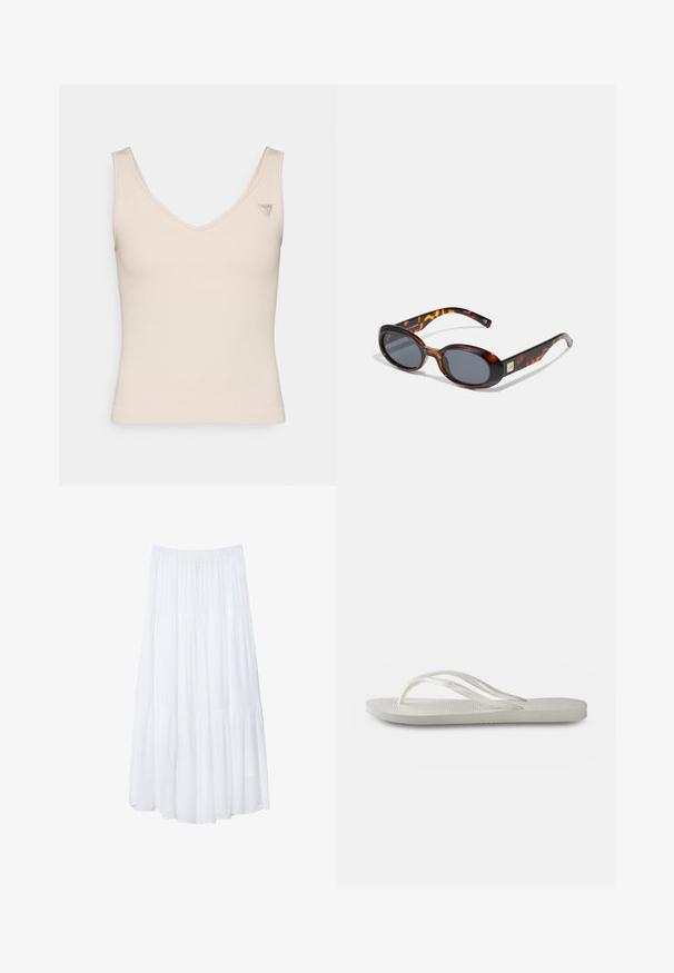 Baldahina brez rokavov, bež barve, s V-izrezom. Ima majhno oznako na levem ramu. Mehek material z oprijetim krojem.; Bela, večerna maksi krila iz lahkega materiala. Ima elastičen pas in tekoč dizajn z mehko, subtilno teksturo.; Bela natikača s teksturirano podplatom, koja ima tanke trakice i ravni dizajn. Napravljena od gume s suptilnim logotipom na ulošku.; Rjave torbice za sonce s ovalnimi lečami in temno sivo subtančno. Opremljene z zlatim dekorativnim detajlom na templjih. Gladek plastičen tekstura.