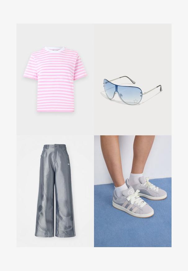Krátky rukáv skrátené tričko s ružovými a bielymi vertikálnymi pruhmi, vyrobené z jemného materiálu s okrúhlym bielym výstrihom.; Široké nohavice z lesklého šedého materiálu, s bielymi bočnými pruhmi a plamenným vzorom na dolnej časti nohavíc. Zapínanie na gombík a zips v páse.; Sivé semišové tenisky s bielymi šnúrkami a gumovou podrážkou, s tromi diagonálnymi pruhmi na boku a logom na jazyku.; Pilotné slnečné okuliare s prechodovým modrým sklom, strieborným kovovým rámom a ozdobnými hviezdičkovými akcentmi na sklách. Hladký a elegantný dizajn.