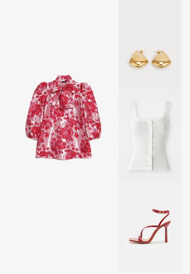 Valkoinen ribbikuvioitu tanksi, jossa on neliön muotoinen pääntie, nappikiinnitys edessä ja reunassa kynnetty yksityiskohta. Kangas sisältää pieniä koristeellisia kuvioita.; Punainen kukkakuvioinen paita, jossa on pussihihat, korkea kaulus ja rusettiyksityiskohta. Valmistettu kiiltävästä kankaasta, jossa on suuri kuvio isoista kukista vaaleanpunaisella pohjalla.; ALDO SCINTILLA - Korolliset sandaalit - red; Kultaiset metallikorvakorut, joissa on sileä, pyöreä kolmion muoto ja postitaustasuunnittelu; heijastava pinta, jossa on minimaalinen yksityiskohtien määrä.