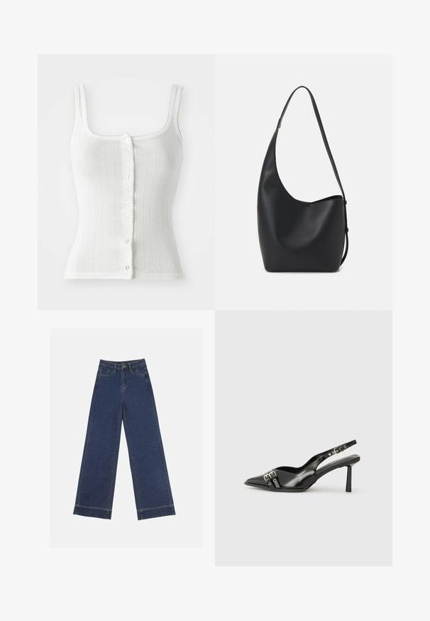Weißes geripptes Tanktop mit quadratischem Ausschnitt, Knopfverschluss vorne und gewelltem Saum. Verfügt über kleine dekorative Muster auf dem Stoff.; Weite Jeans in dunkelblauem Denim. Verfügt über fünf Taschen, Gürtelschlaufen und einen rohen Saum am unteren Ende mit sichtbaren Nahtdetails.; Schwarzer Lackleder Slingback-Schuh mit spitzem Zehenbereich, Knöchelriemen mit silbernen Schnallen und Beschlägen sowie einem schlanken Absatz.; Schwarze Leder-Hobo-Tasche mit einer glatten Textur, geschwungener Form und einem einzelnen verstellbaren Tragegurt; verfügt über eine weite Öffnung am oberen Ende.
