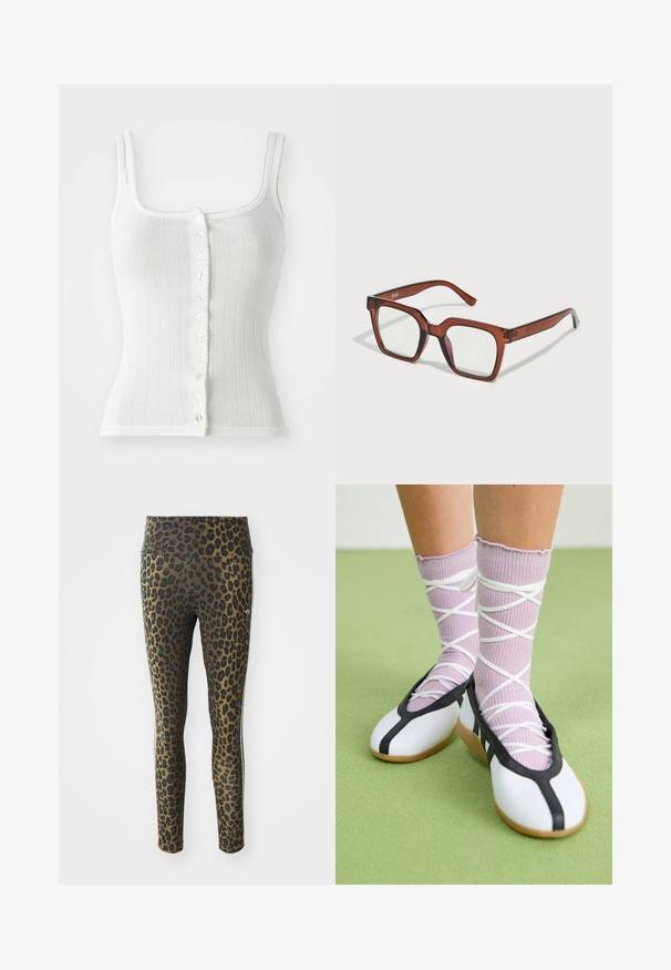 Biały prążkowany top na ramiączkach z kwadratowym dekoltem, z przodu zapinany na guziki i ozdobiony falbanką. Posiada małe dekoracyjne wzory na tkaninie.; Legginsy w cętki z wysokim stanem, elastycznego materiału, z czarnymi akcentami na jasnobrązowej bazie, zaprojektowane z myślą o komforcie i dopasowaniu.; Białe płaskie buty z czarnym wykończeniem i podeszwą, w połączeniu z jasnofioletowymi skarpetkami w prążki z białymi krzyżującymi się paskami. Ustawione na zielonym tle.; Brązowe, przerośnięte prostokątne okulary z przezroczystymi soczewkami i lekkim różowym odcieniem na prawej soczewce. Plastikowa oprawka o gładkiej fakturze.