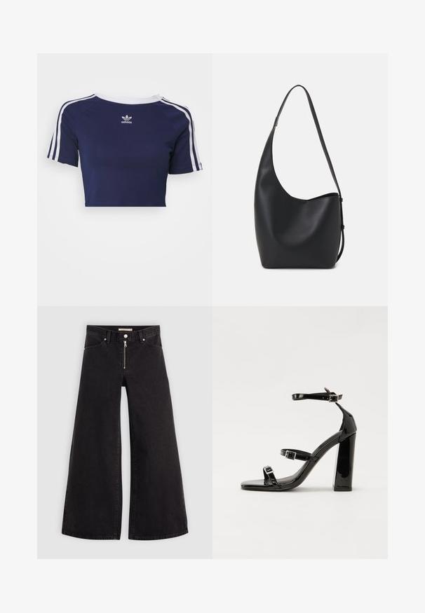 adidas Originals 3-STRIPES BABY - Camiseta estampada - dark blue; Jeans de pierna ancha en denim negro con cierre frontal, diseño de cinco bolsillos y detalles de costura sutiles. Textura suave y estilo casual.; Sandalias de tacón de charol negro con punta cuadrada, correas en el tobillo y hebillas plateadas. Presentan un tacón grueso para mayor estabilidad.; Bolso tipo hobo de cuero negro con una textura suave, forma curvada y una sola correa ajustable; presenta una amplia apertura en la parte superior.