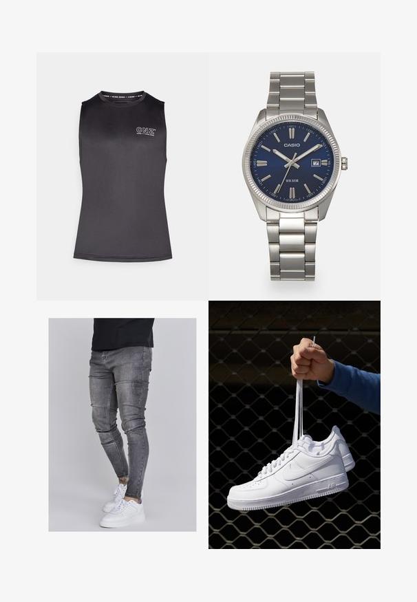 Zwarte mouwloze top van glad, rekbaar materiaal. Heeft een ronde halslijn en een bedrukt logo aan de voorkant. Minimalistisch ontwerp.; Skinny jeans in vervaagd grijs denim, met versleten details op de knieën, gecombineerd met witte sneakers. Gladde textuur, slank model.; Witte leren sneakers met perforaties, ronde neus, vlakke zool en dikke veters, met een zichtbare swoosh-logo en "AIR" op de hiel.; Zilveren roestvrijstalen horloge met een marineblauwe wijzerplaat, metalen uurmarkeringen en een datumnis op 3 uur. Waterbestendig tot 50 meter.